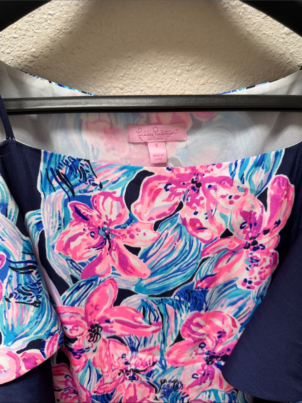 Lilly Pulitzer Pink & Navy Floral Off-Shoulder Dress - Picture 2 of 4